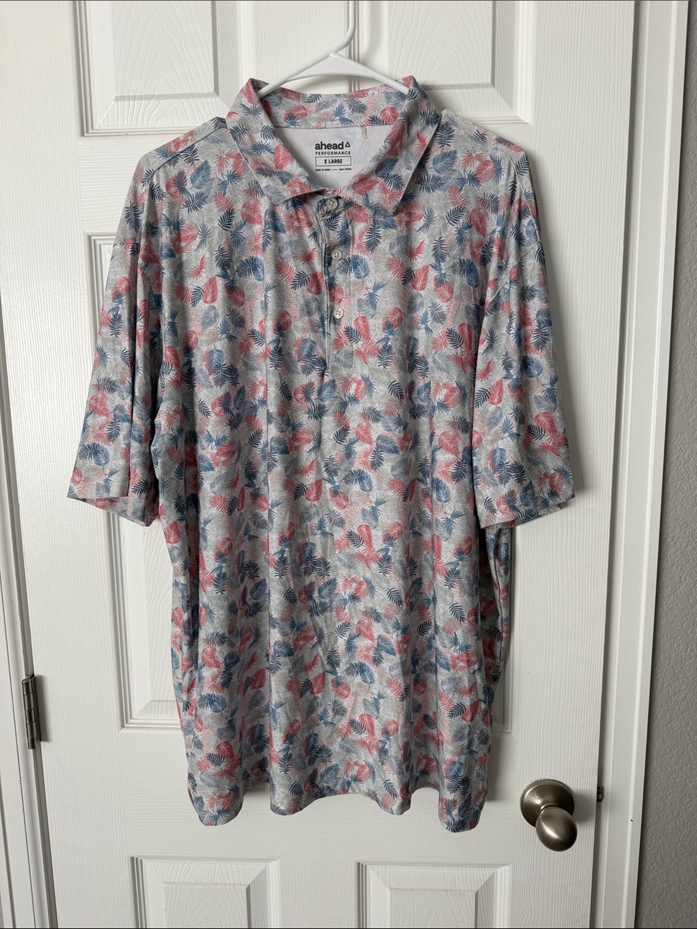 Ahead Performance Men’s Polo - Blue & Coral Leaf Print